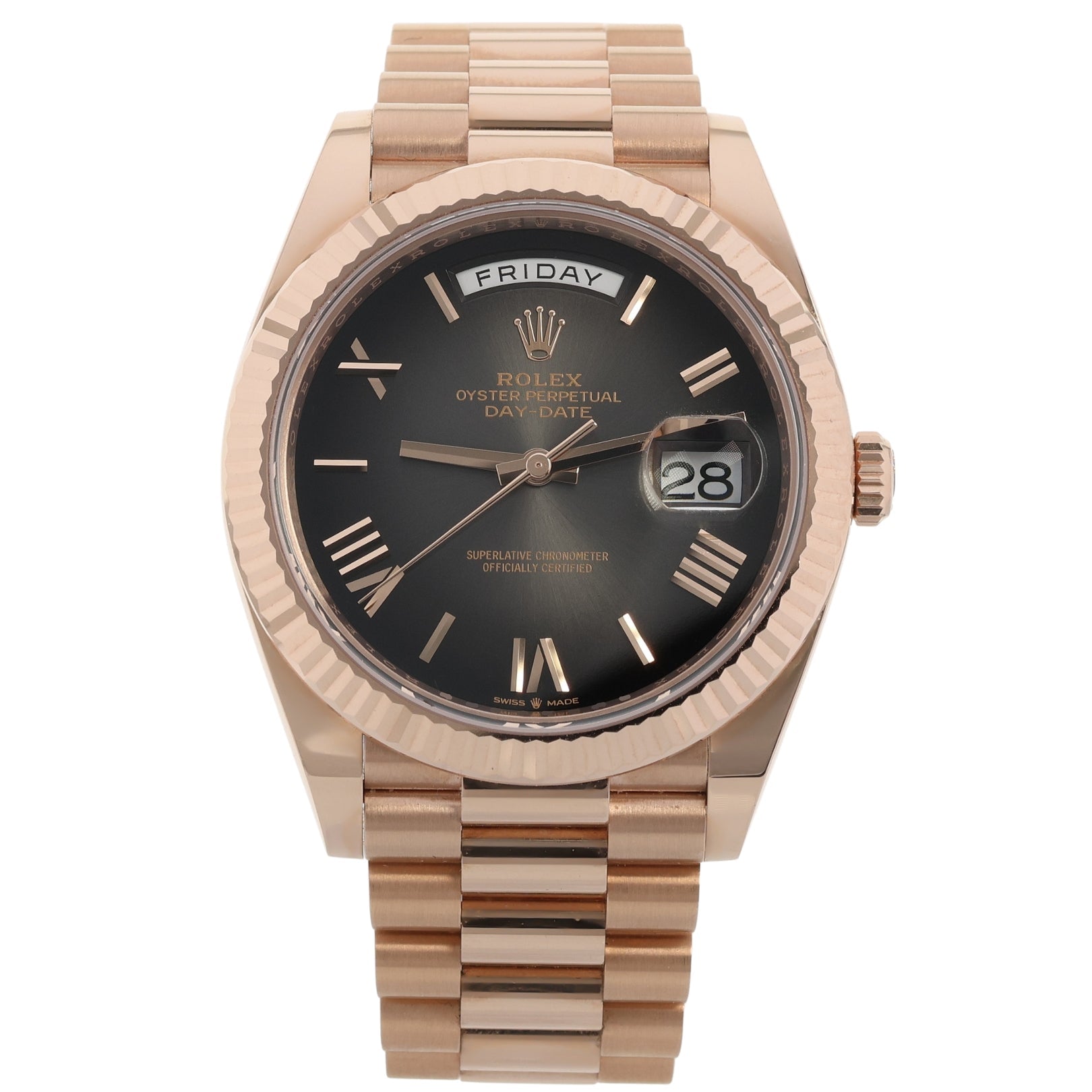 Rolex Day - Date 40, Ombre Grey Dial, Everose Gold, President Band, Ref. 228235, 07 - 2024, B+P - LUXUHRIA