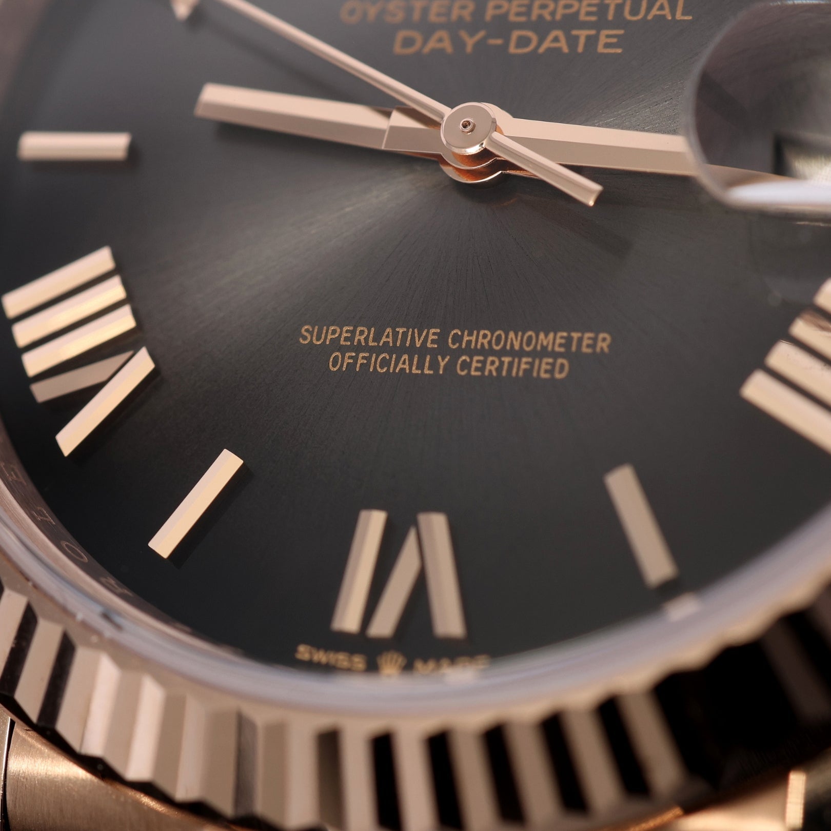 Rolex Day - Date 40, Ombre Grey Dial, Everose Gold, President Band, Ref. 228235, 07 - 2024, B+P - LUXUHRIA