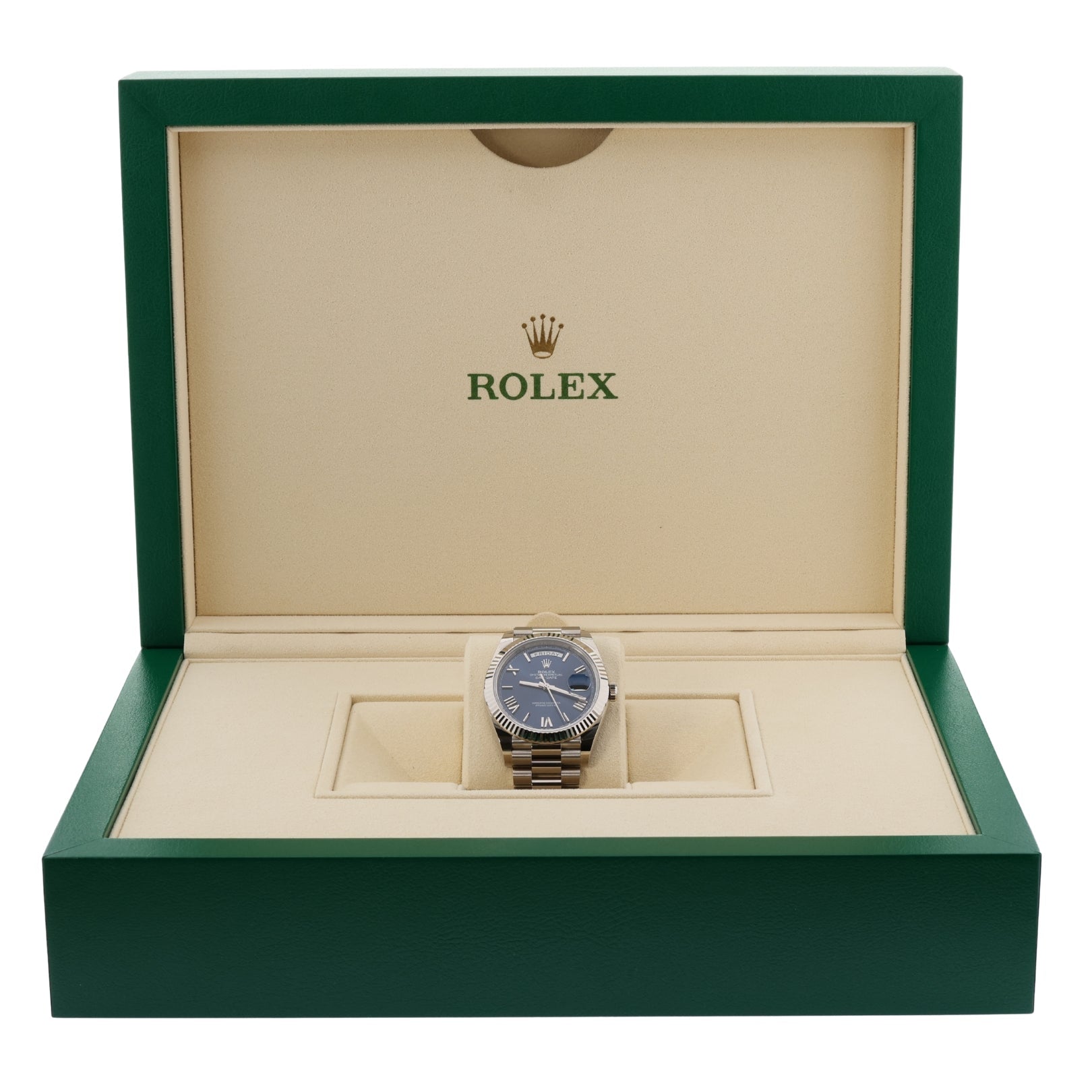 Rolex Day-Date 40, Weißgold, Blue Roman Dial, Ref. 228239, 2021, B+P - LUXUHRIA