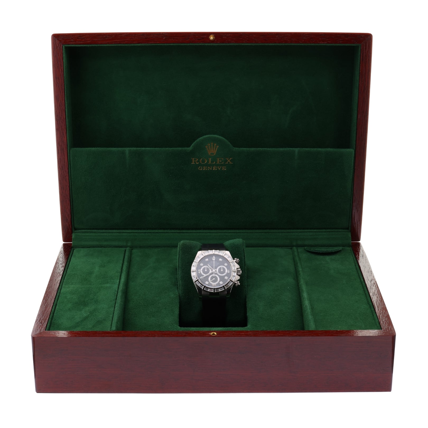 Rolex Daytona, Baguette Bezel Diamond Dial, Kautschuk - und Lederarmband, Service 2025, Ref. 116589BR, mit Box - LUXUHRIA