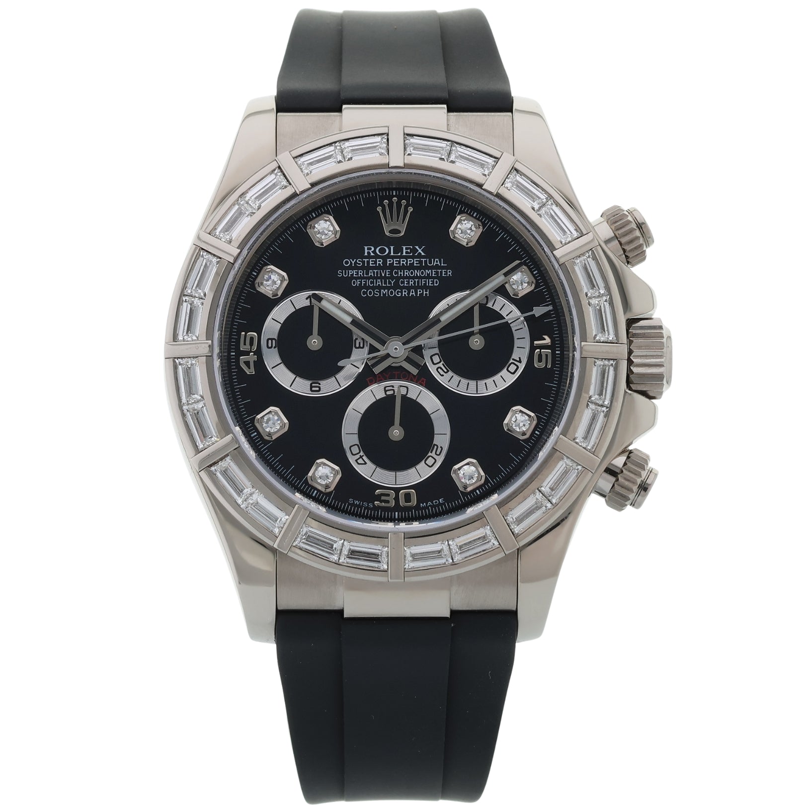 Rolex Daytona, Baguette Bezel Diamond Dial, Kautschuk - und Lederarmband, Service 2025, Ref. 116589BR, mit Box - LUXUHRIA