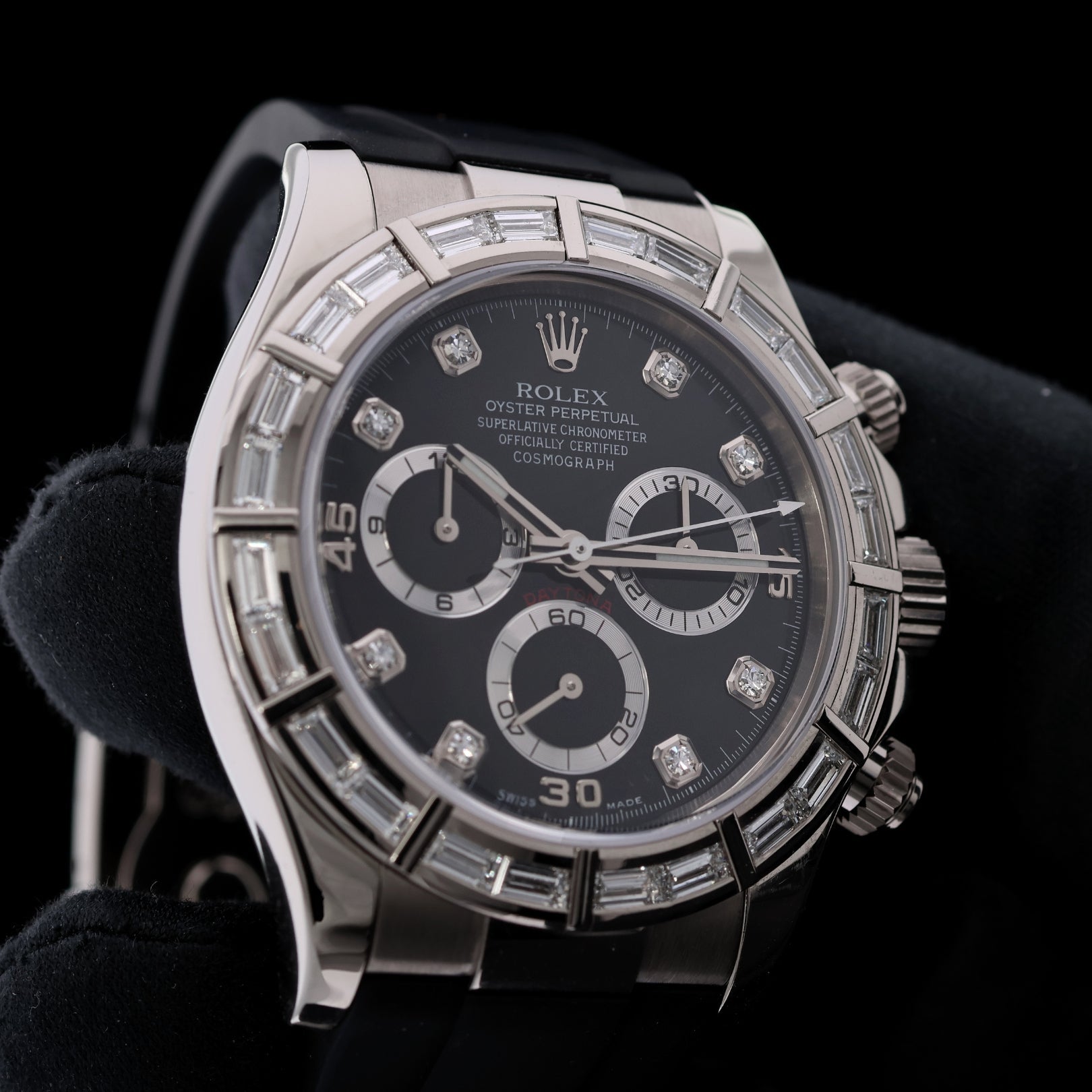 Rolex Daytona, Baguette Bezel Diamond Dial, Kautschuk - und Lederarmband, Service 2025, Ref. 116589BR, mit Box - LUXUHRIA