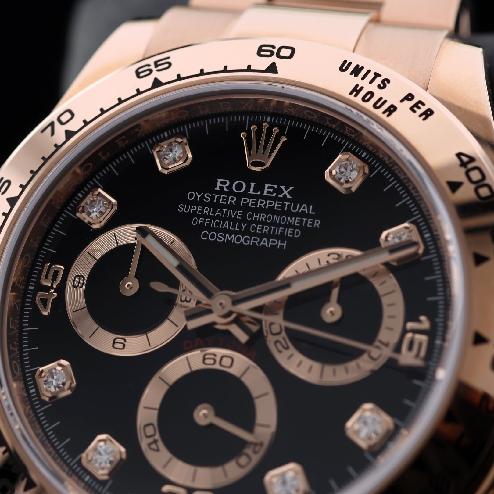 Rolex Daytona Chronograph, Black Dial, Diamant Indizes, Rosegold, Ref. 116505, B+P - LUXUHRIA