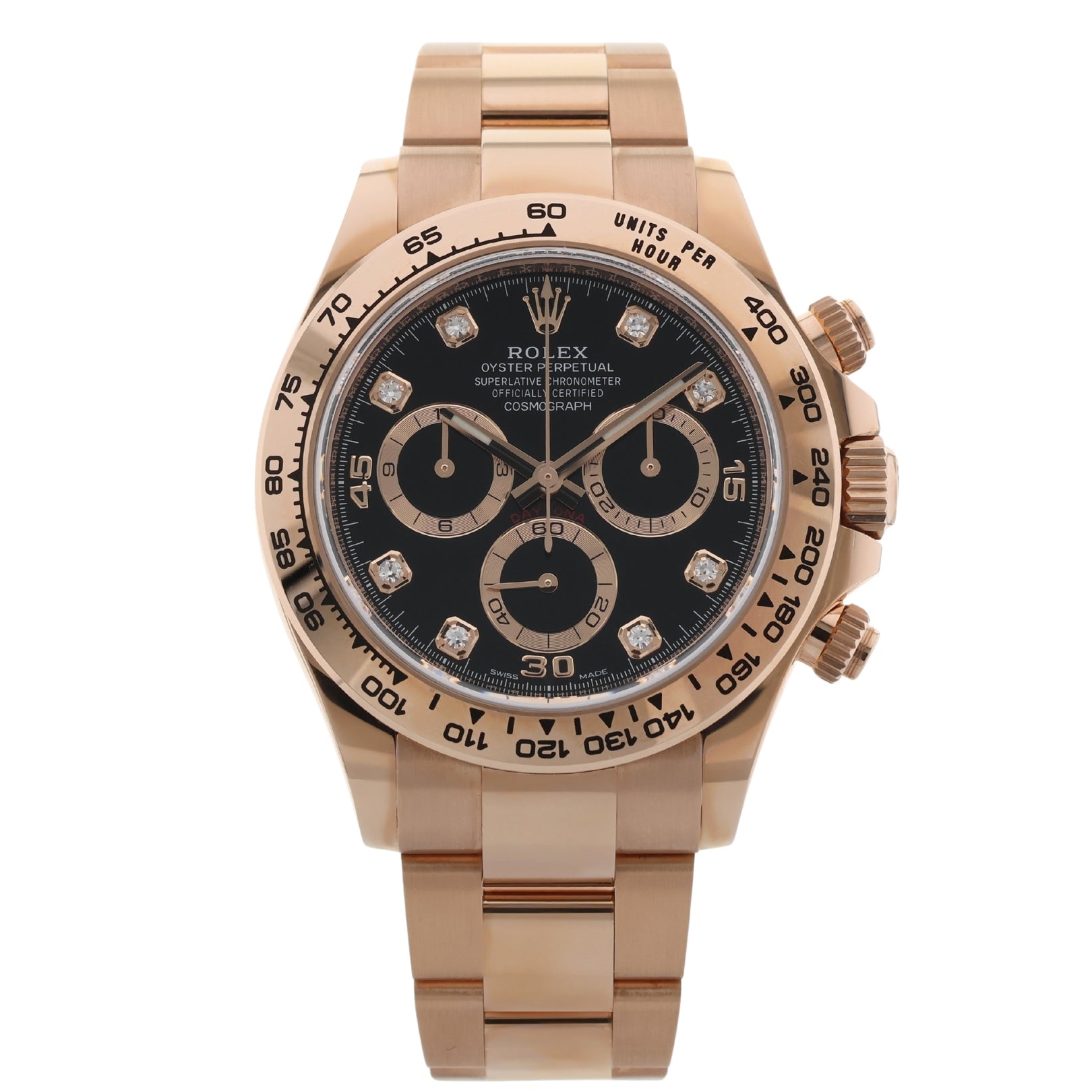 Rolex Daytona Chronograph, Black Dial, Diamant Indizes, Rosegold, Ref. 116505, B+P - LUXUHRIA