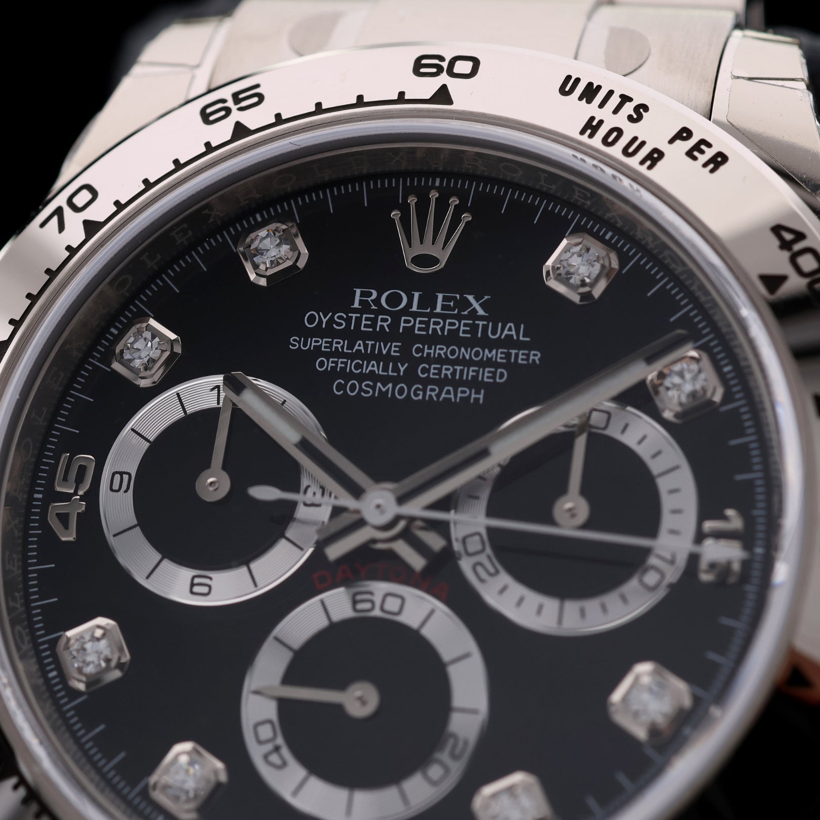 Rolex Daytona Chronograph, Weißgold, Black Dial, Diamant Indizes, Fullsticker, LC100, Ref. 116509, B+P - LUXUHRIA