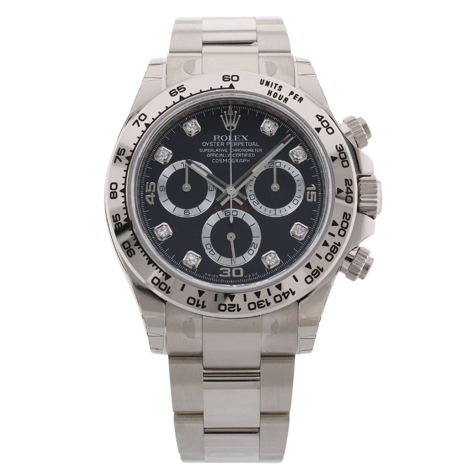 Rolex Daytona Chronograph, Weißgold, Black Dial, Diamant Indizes, Fullsticker, LC100, Ref. 116509, B+P - LUXUHRIA