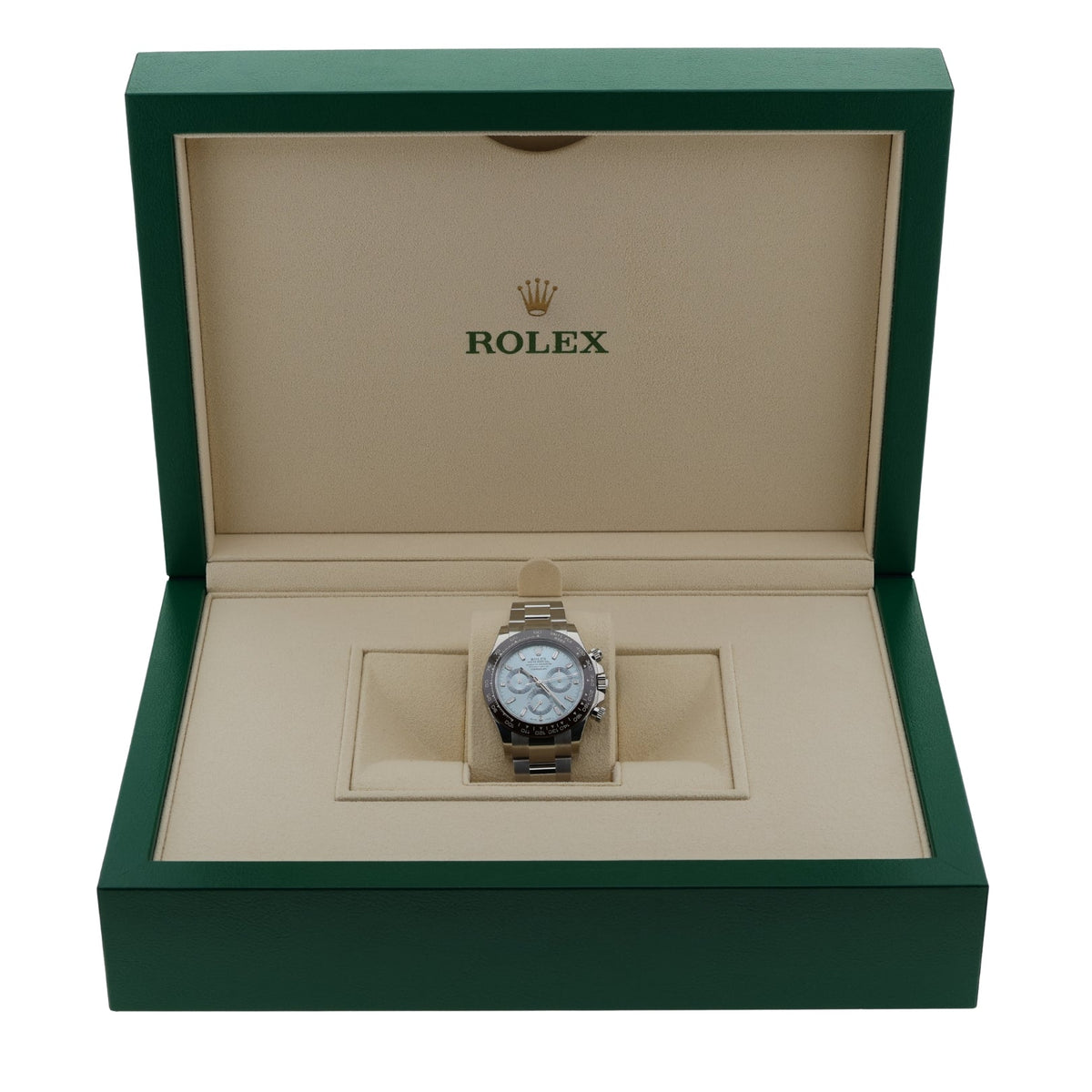 Rolex Daytona Platin, Ice Blue Dial, Baguette, Full Sticker, Ref. 116506, 2022, B+P - LUXUHRIA