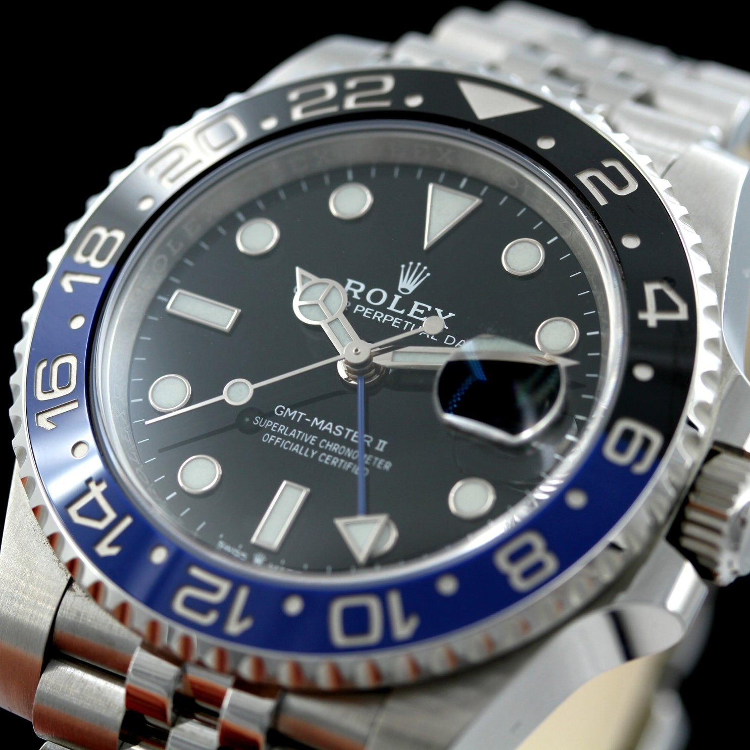 Rolex GMT Master II, "Batman", Jubilee, Ref. 126710BLNR, B+P - LUXUHRIA
