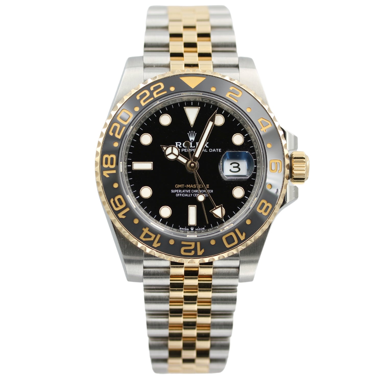 Rolex GMT Master II, Gelbgold/Stahl, Jubilee, Ref. 126713GRNR, 2023, 40 mm, B+P - LUXUHRIA