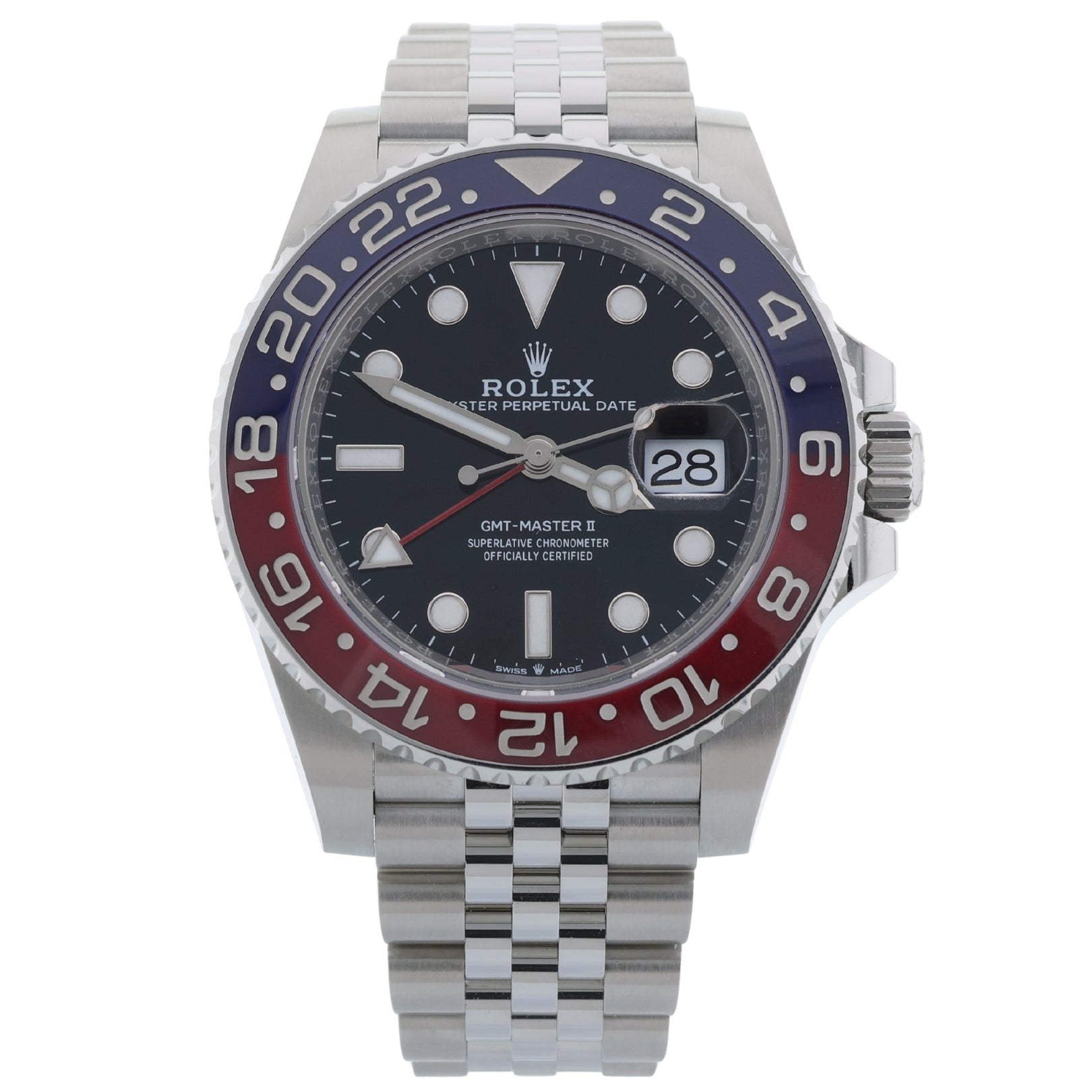 Rolex GMT Master II, "Pepsi", Jubilee, LC100, Ref. 126710BLRO, 2025, B+P - LUXUHRIA