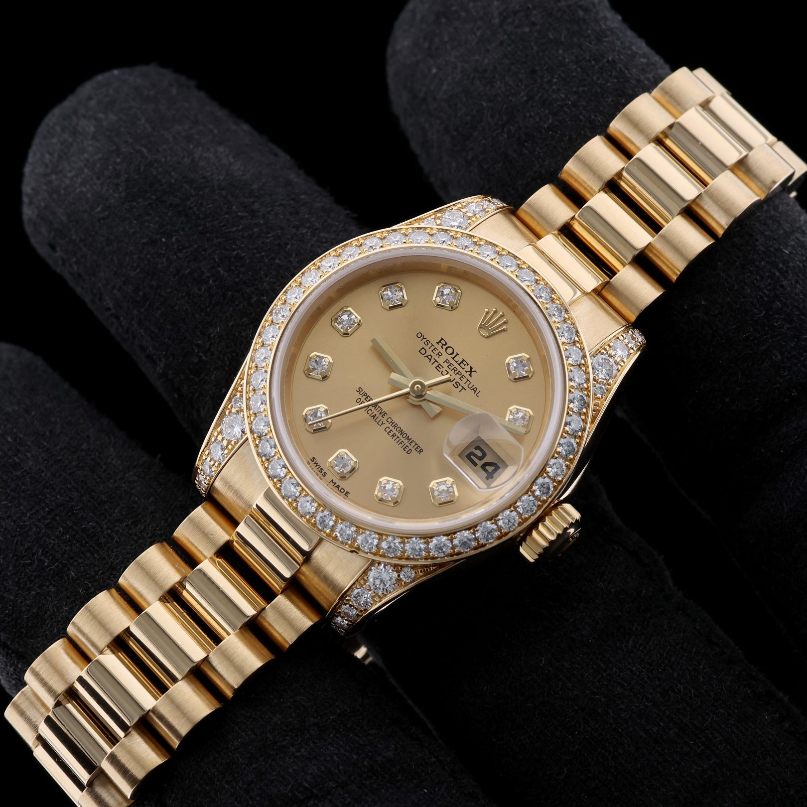 Rolex Lady Datejust 26, Gelbgold, Brillantbesatz, President Band, 179158, B+P - LUXUHRIA