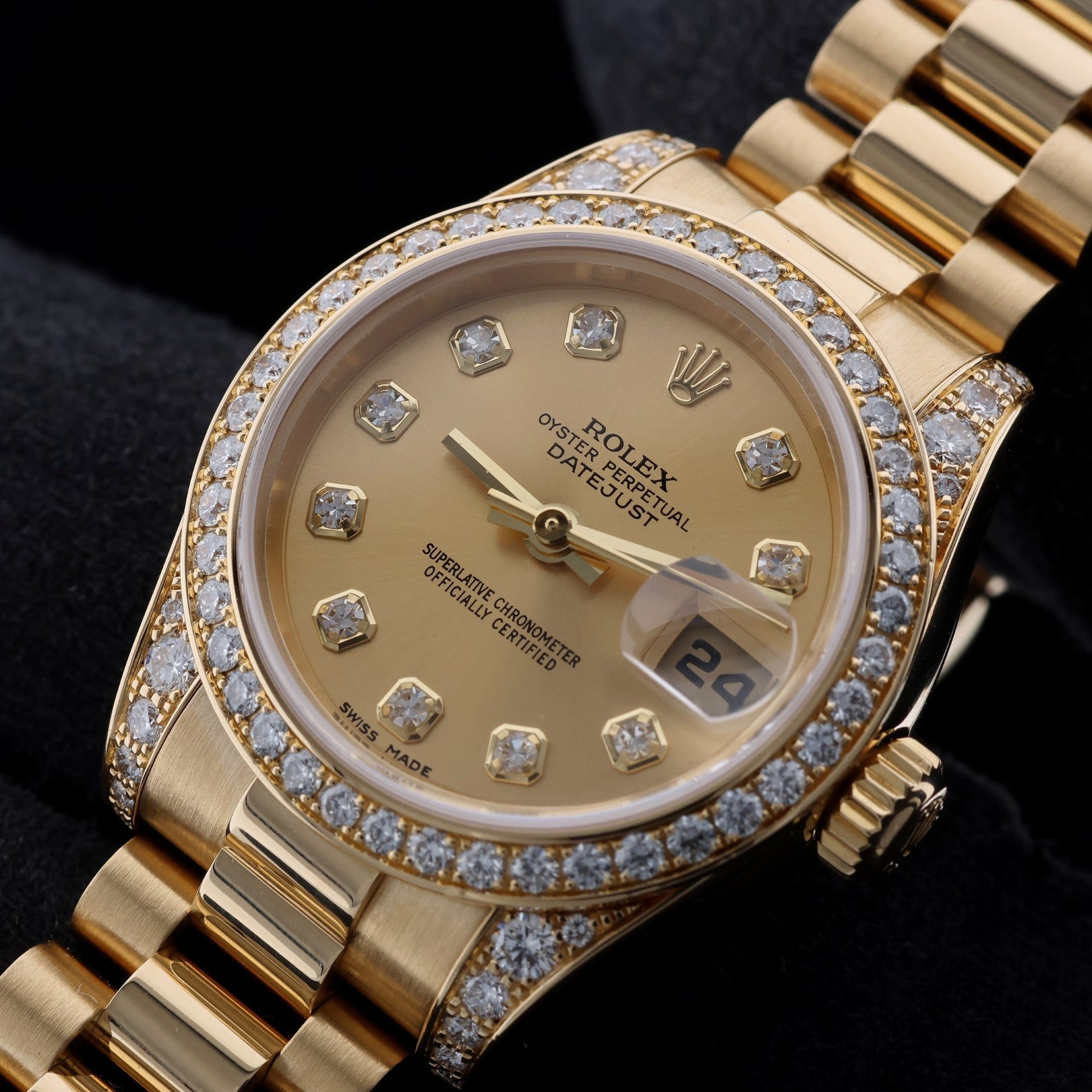 Rolex Lady Datejust 26, Gelbgold, Brillantbesatz, President Band, 179158, B+P - LUXUHRIA