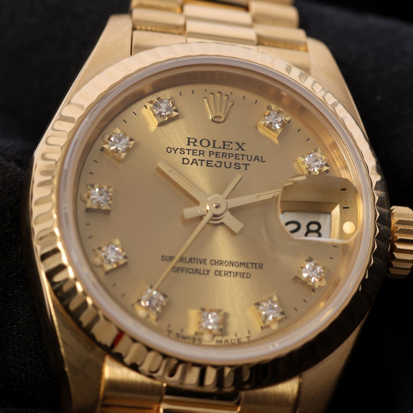 Rolex Lady Datejust 26, Service 05/2026, Gelbgold, Champagner Diamond Dial, President, Ref. 69178, mit Box - LUXUHRIA