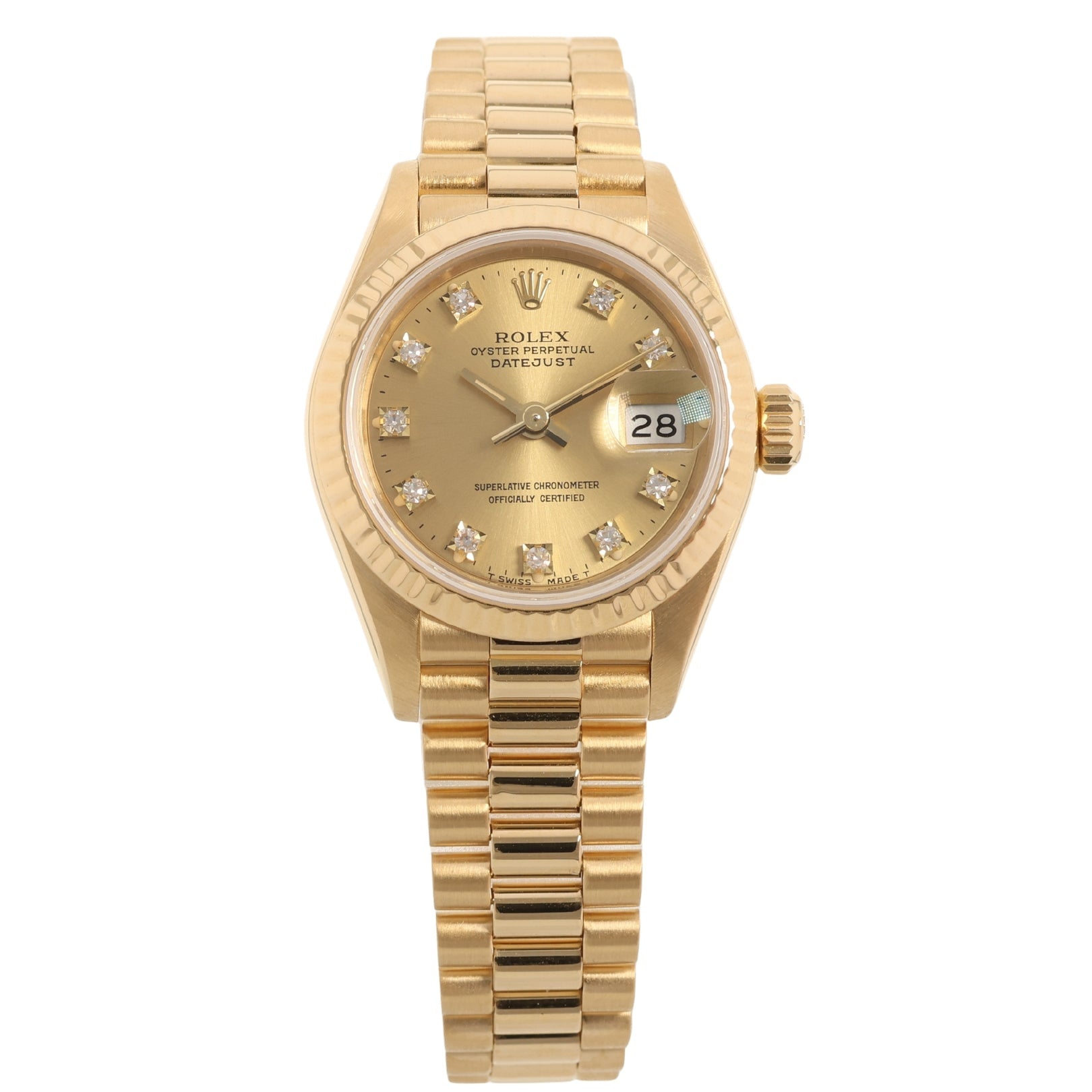 Rolex Lady Datejust 26, Service 05/2026, Gelbgold, Champagner Diamond Dial, President, Ref. 69178, mit Box - LUXUHRIA