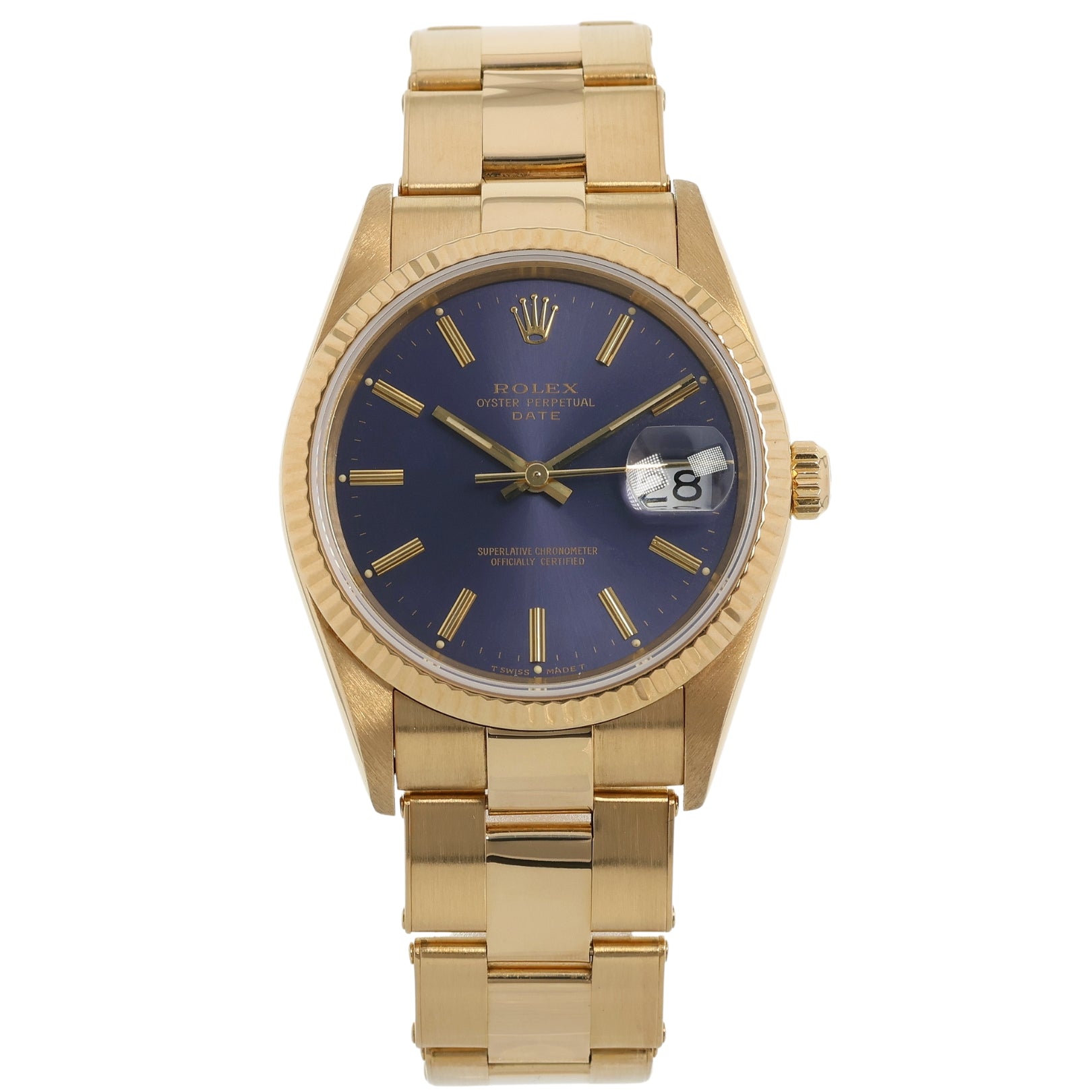 Rolex Oyster Perpetual Date 34 mm, Purple Blue Dial, T Swiss Made T, Vollgold, Ref. 15238, 02 - 1993, B+P - LUXUHRIA