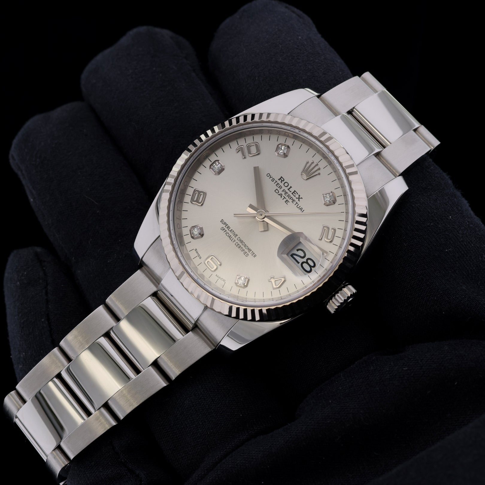 Rolex Oyster Perpetual Date, 34mm, Silver Diamond Dial, Ref. 115234, 05 - 2019, B+P - LUXUHRIA