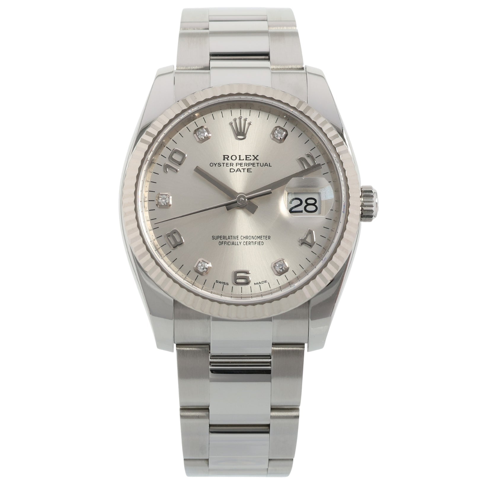 Rolex Oyster Perpetual Date, 34mm, Silver Diamond Dial, Ref. 115234, 05 - 2019, B+P - LUXUHRIA