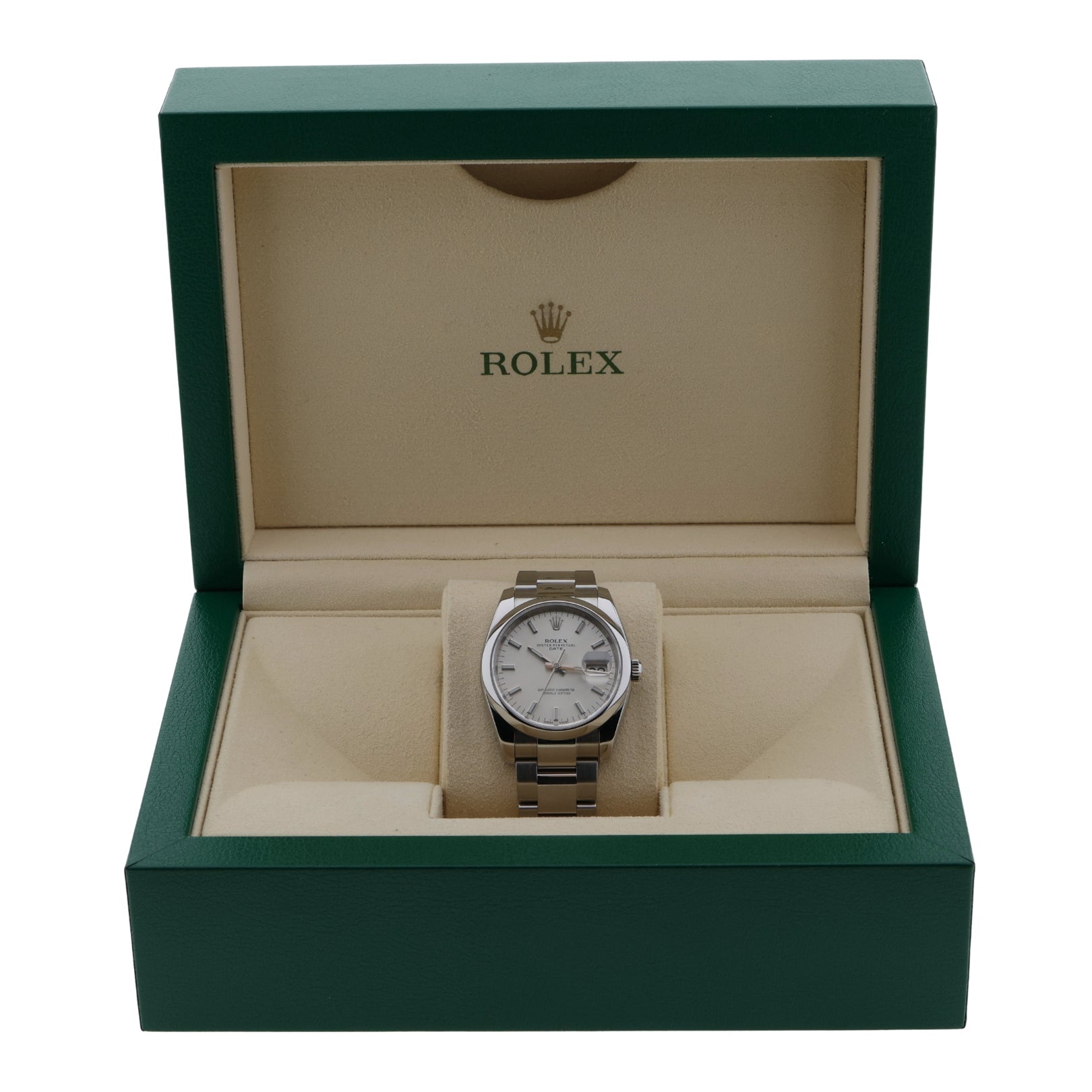 Rolex Oyster Perpetual Date, Silver Dial, Service 2025, Ref. 115200, 2015, B+P - LUXUHRIA