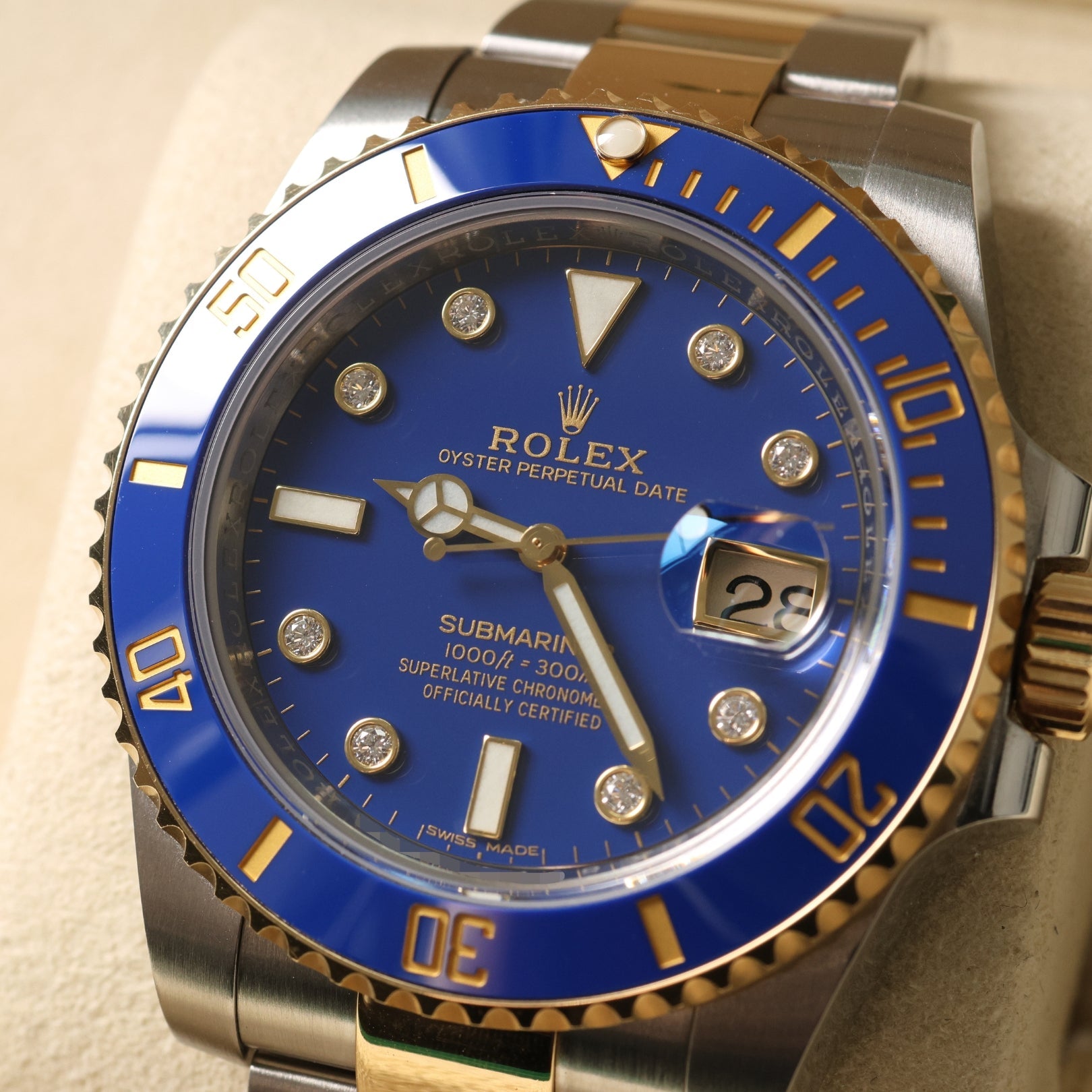 Rolex Submariner Date, "Bluesy", Diamond Dial, Edelstahl/Gelbgold, Ref. 116613LB, 2020, B+P - LUXUHRIA