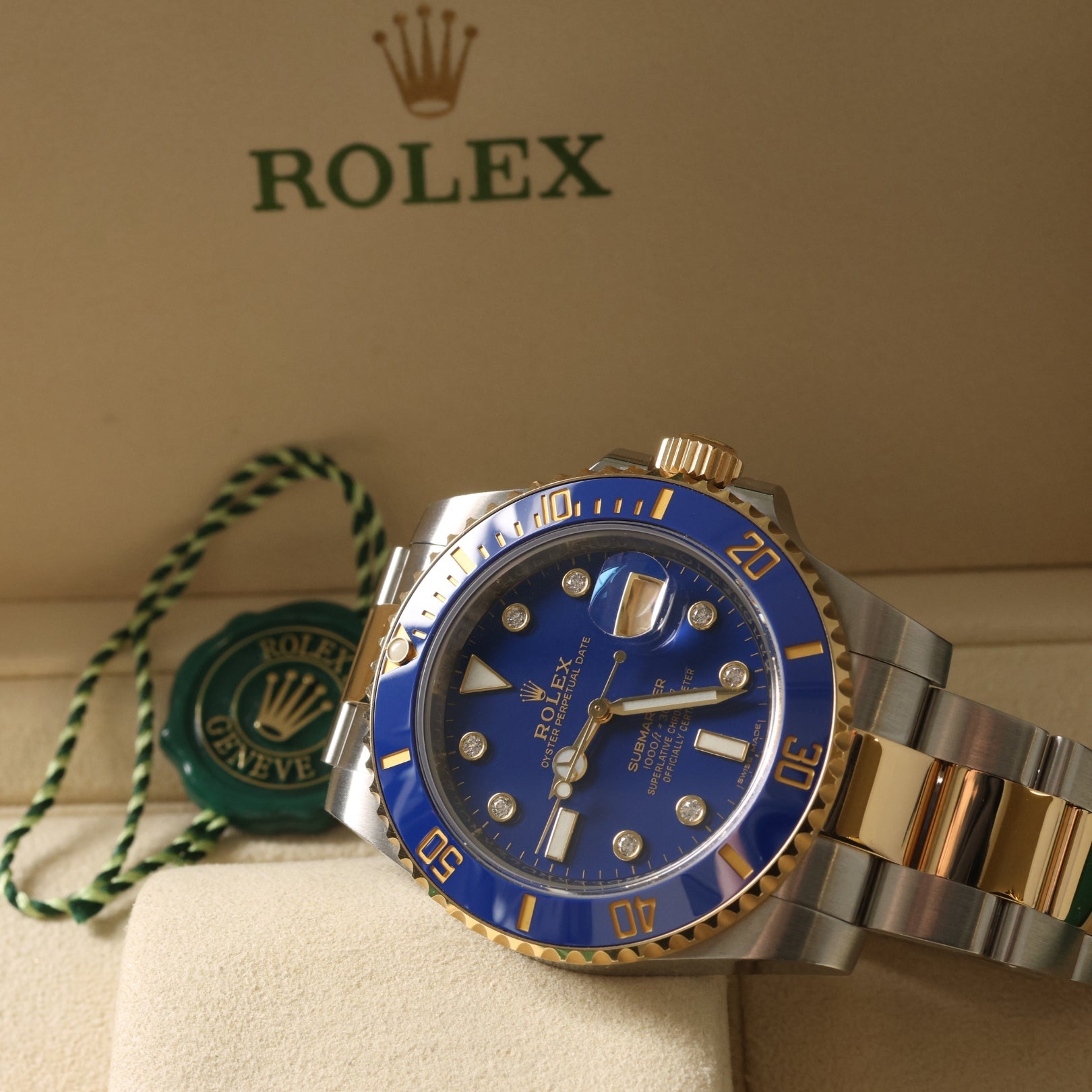 Rolex Submariner Date, "Bluesy", Diamond Dial, Edelstahl/Gelbgold, Ref. 116613LB, 2020, B+P - LUXUHRIA